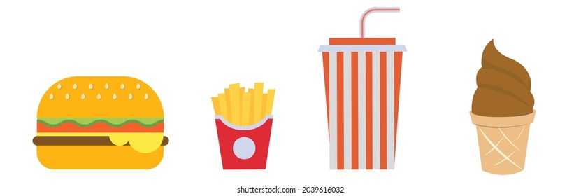 Set of French fries, hamburger, soda and ice cream on isolated background. Fast food products in flat style on white background. Vector illustration.
