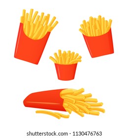 Set of french fries icons isolated on white background. Large, small and medium servings. Fast food. Big box of fries lying on a side.