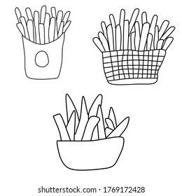 Set of French fries isolated on a white background. Vector illustration in the Doodle style. Collection of Delicious fried potatoes. Sketch of food from a fast food restaurant.