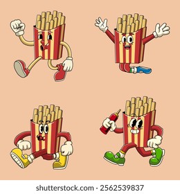 Set of French Fries Potato Junk Food Cartoon Character in Retro 70s Illustration