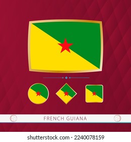 Set of French Guiana flags with gold frame for use at sporting events on a burgundy abstract background. Vector collection of flags.