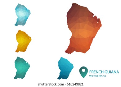 Set of French Guiana maps. Bright gradient map of country in low poly style. Multicolored country map in geometric style for your infographics. Vector illustration eps 10.