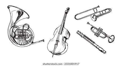 Satz von französischen Hornbarsch, Trompete, Tuba Musikinstrumente Vektorgrafik einzeln. Doppelhorn, Kontrabass, Rohr, Klarinette Silhouette Tinte handgezeichnet. Element für Design-Postkarte, Broschüre