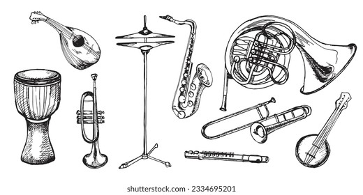 Set of french horn brass, trumpet, saxophone musical instruments vector illustration isolated. Double horn, mandoline, djembe, clarinet silhouette ink hand drawn. Black white element for design