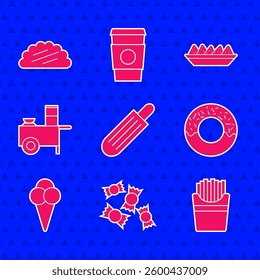 Set French hot dog, Candy, Potatoes french fries in box, Donut, Ice cream waffle cone, Fast street food cart, Nachos plate and Taco with tortilla icon. Vector