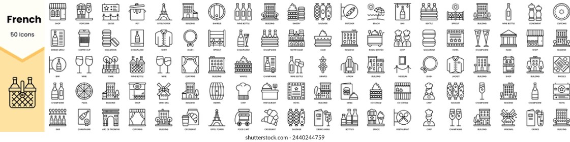 Set of french icons. Simple line art style icons pack. Vector illustration