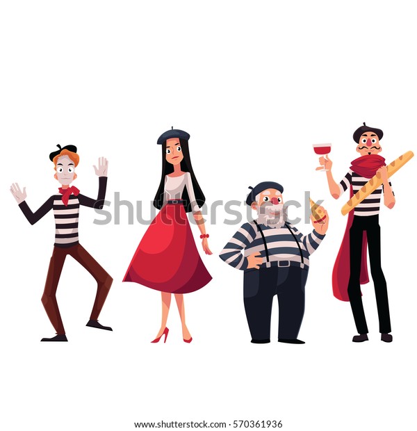 フランスの男性と女性のキャラクターのセットで チーズ バゲット ワインをフランスのシンボルとして持ち 白い背景に漫画のベクターイラスト フランス人 ミーム フランスの象徴 のベクター画像素材 ロイヤリティフリー