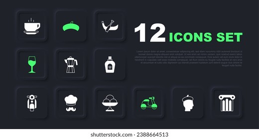 Set French man, Ancient column, Coffee maker moca pot, Scooter, Wine glass, Italian cook, beret and Ice cream the bowl icon. Vector