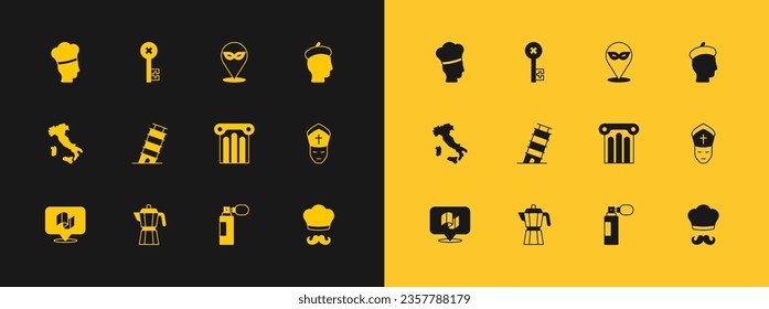 Set French man, Coffee maker moca pot, Ancient column, Perfume, Leaning tower in Pisa, Carnival mask, Italian cook and Old key icon. Vector