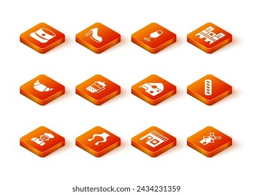 Set French man, Frog legs, Croissant, press, Coffee shop, Cheese, Windmill and baguette bread icon. Vector