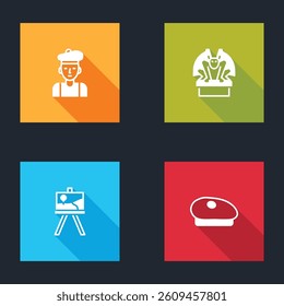 Set French man, Gargoyle on pedestal, Easel or painting art boards and beret icon. Vector
