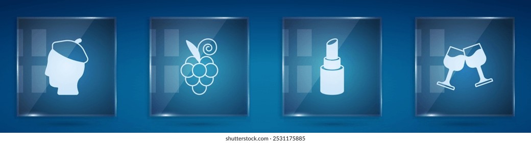 Conjunto de hombre francés, fruta de uva, lápiz labial y copa de vino. Paneles de vidrio cuadrados. Vector