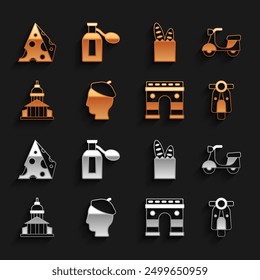 Conjunto de hombre francés, scooter, arco de triunfo, edificio del museo, pan baguette, queso y perfume icono. Vector