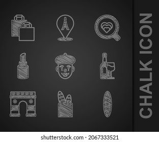 Set French mime, baguette bread, Wine bottle with glass, Triumphal Arch, Lipstick, Coffee cup and Paper shopping icon. Vector