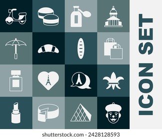 Set French mime, Fleur De Lys, Paper shopping bag, Perfume, Croissant, Umbrella for beach, Scooter and baguette bread icon. Vector