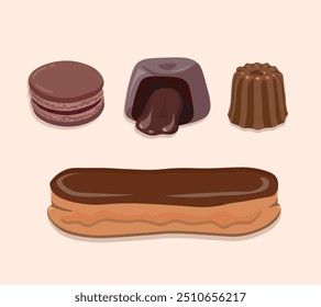 Conjunto de pastelaria francesa com chocolate, macaron, canele, fondant, éclair. Sobremesas de chocolate. Design simples, ilustração vetorial.