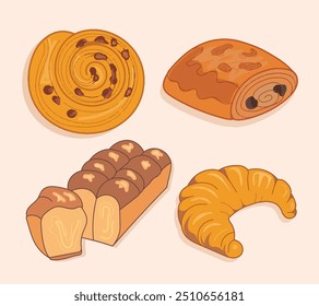 Conjunto de pastelaria francesa, dor ao chocolate, croissant, brioche, escargot au raisin.  Massa francesa. Design simples, ilustração vetorial.