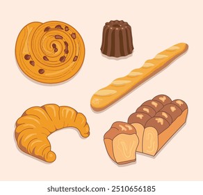 Conjunto de pastelaria francesa, dor au chocolat, croissant, brioche, escargot au raisin, baguette, canele.  Massa francesa. Design simples, ilustração vetorial.