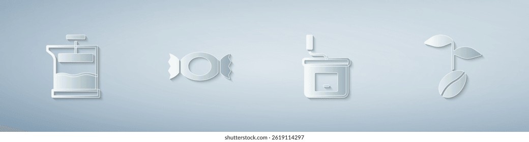 Set French press, Candy, Manual coffee grinder and Coffee beans. Paper art style. Vector