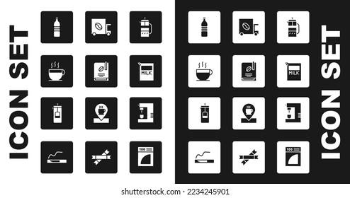 Set French press, Coffee book, cup, Bottle water, Paper package for milk, street truck machine,  and  icon. Vector