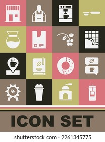 Set French press, Coffee and conversation, Chocolate bar, machine, Bag coffee beans, Pour over maker, shop and bean, branch icon. Vector