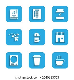 Set French press, Coffee cup to go, shop, Electronic scales, bean, branch, jar bottle and book icon. Vector