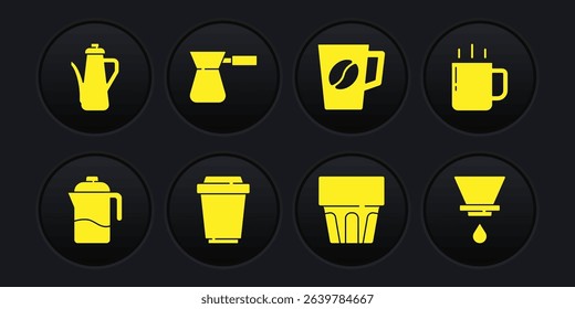 Set French press, Coffee cup, to go, Glass with water, turk, V60 coffee maker and Teapot icon. Vector