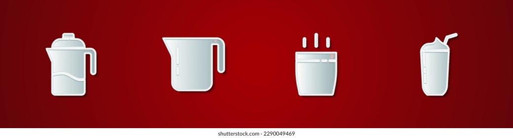 Set French press, Coffee pot, cup and Milkshake icon. Vector