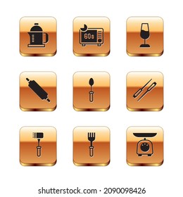 Set French press, Kitchen hammer, Fork, Teaspoon, Rolling pin, Wine glass, Scales and Microwave oven icon. Vector