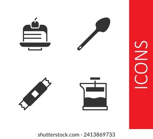Set French press, Piece of cake, Sugar stick packets and Teaspoon icon. Vector