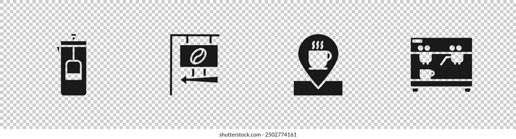 Set French press, Street signboard coffee, Location with cup and Coffee machine icon. Vector