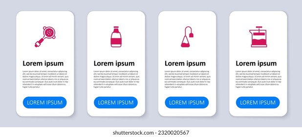 Set French press, Tea bag, Milk bottle and Coffee filter holder. Business infographic template. Vector