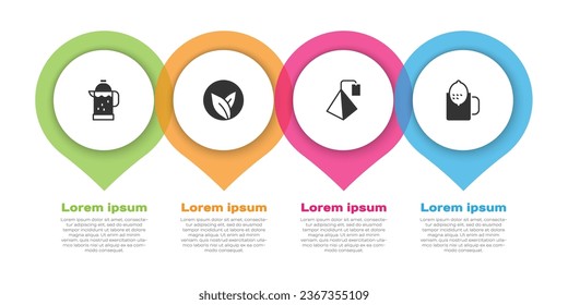Set French press, Tea leaf, bag and Cup of tea with lemon. Business infographic template. Vector
