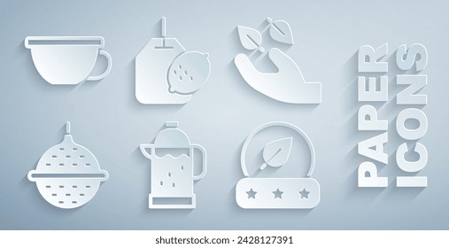 Set French press, Tea leaf in hand, Ball tea strainer, bag with lemon and Cup of icon. Vector