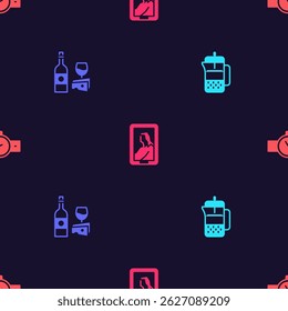 Set French press, Wine bottle with cheese, Portrait museum and Wrist watch on seamless pattern. Vector