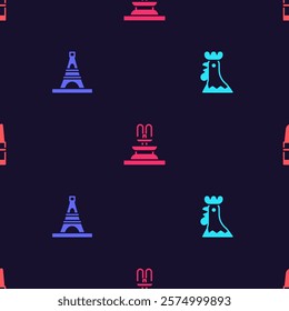 Set French rooster, Eiffel tower, Fountain and Lipstick on seamless pattern. Vector