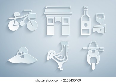 Set French rooster, Wine bottle with cheese, Elegant women hat, Scooter, Triumphal Arch and Bicycle icon. Vector