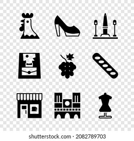 Set French rooster, Woman shoe, Place De La Concorde, Coffee shop, Notre Dame, Mannequin, Handbag and Grape fruit icon. Vector