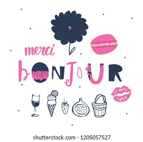 Set with french signs : "Bonjour", "Merci" and illustrations for design. Vector.