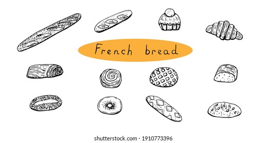 Juego de pan tradicional francés, ilustración vectorial, dibujo a mano, boceto