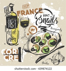 Set French Traditional Cuisine - Burgundy Snails With Wine. Drawing Elements - Bottle Of Wine, A Glass Of Wine, A Corkscrew, Lettering, France Map
