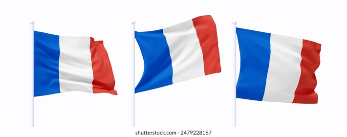 Set of French waving flag on flagpole. Realistic 3d design flag flies on the wind on isolated white background. vector illustration