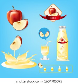 Set of fresh apple juice, Fruit juice splash bottle set, pear,  sticker design.Vector