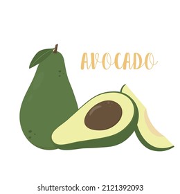 Conjunto de frutas de aguacate fresco con hoja. Vocado maduro, aguacate entero y medio rebanado. Ilustración del vector