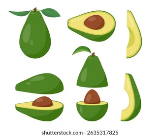 Set of fresh avocado fruits. Whole and cut avocado and pieces. Organic vitamin healthy diet vegetable food. Vector icons illustration isolated on white background.