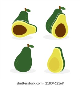 Set of fresh avocado, half, cut slice and leaves avocado isolated on white background. flat illustration of avocado for food and drink product , menu list and other business purpose