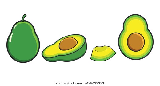 Set of fresh avocado, whole and half sliced isolated on white background. Vector illustration for design packaging, cover, print, banner, poster, clipart, sticker, icon, mascot, logo.