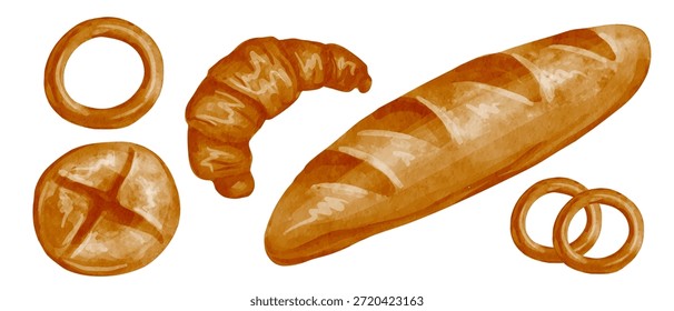Set of fresh baked goods, bread, bagels, and croissants. Vector graphics.