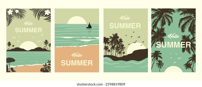 Set fresh beautiful beach summer banner design background pattern. horizontal poster, greeting card, header for website.