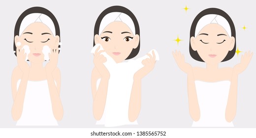 Set of fresh, beautiful woman in process of washing face. Wiping face with towel. Isolated on white background